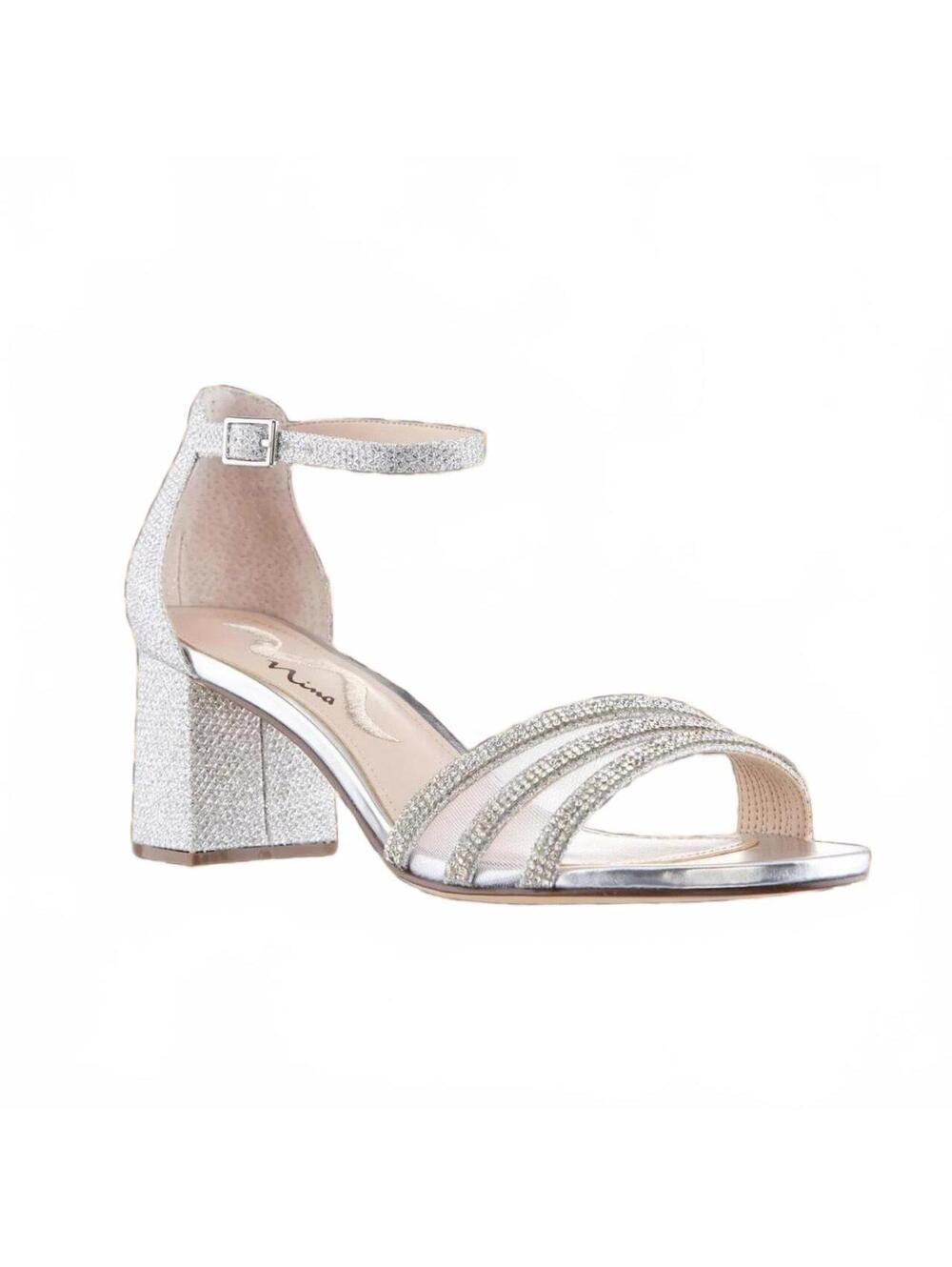Nina Nagida Block Heel Sandals in Silver, Size 8w
